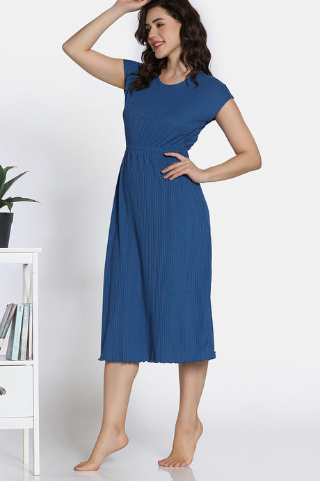 Zivame 2 Mile Fashion Knit Poly Mid Calf Length Nightdress - Coronet Blue — image 4